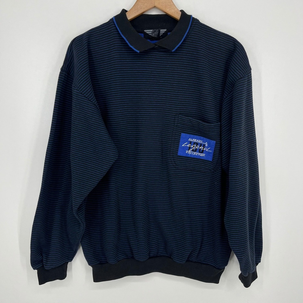 Vintage I.O.U. Already a Legend Striped Polo Sweatshirt Mens Large Black Blue